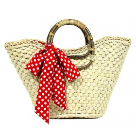 Straw Bucket Tote – 12 PCS Corn Husk w/ Polka Dot Print Sash - Red - BG-R11007RD